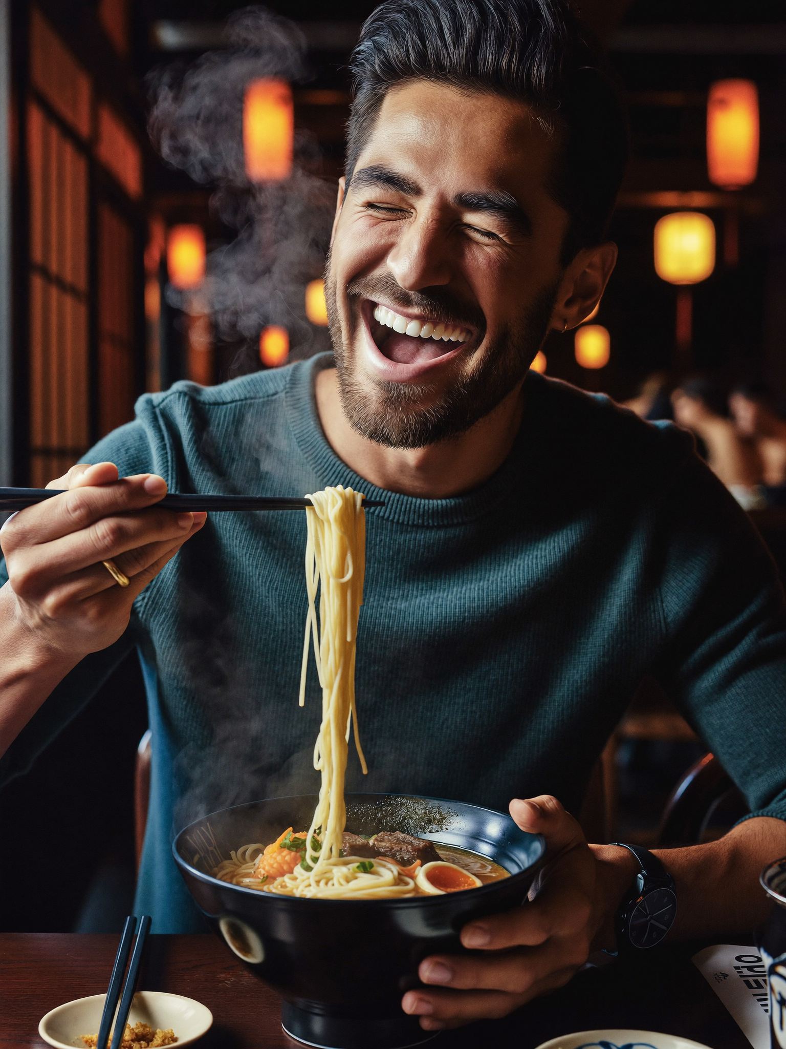 Mann geniesst lachend dampfende Ramen mit Stäbchen