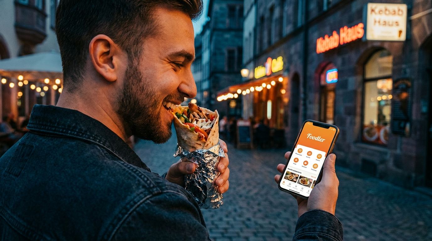 Mann isst Dürüm in der Altstadt und nutzt die LocalFoodler App
